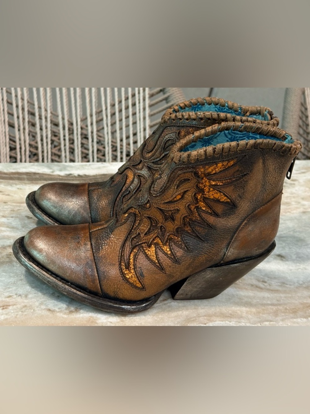 Women’s CORRAL brown leather glitter distressed ankle western boots- Size 6 - Picture 2 of 10